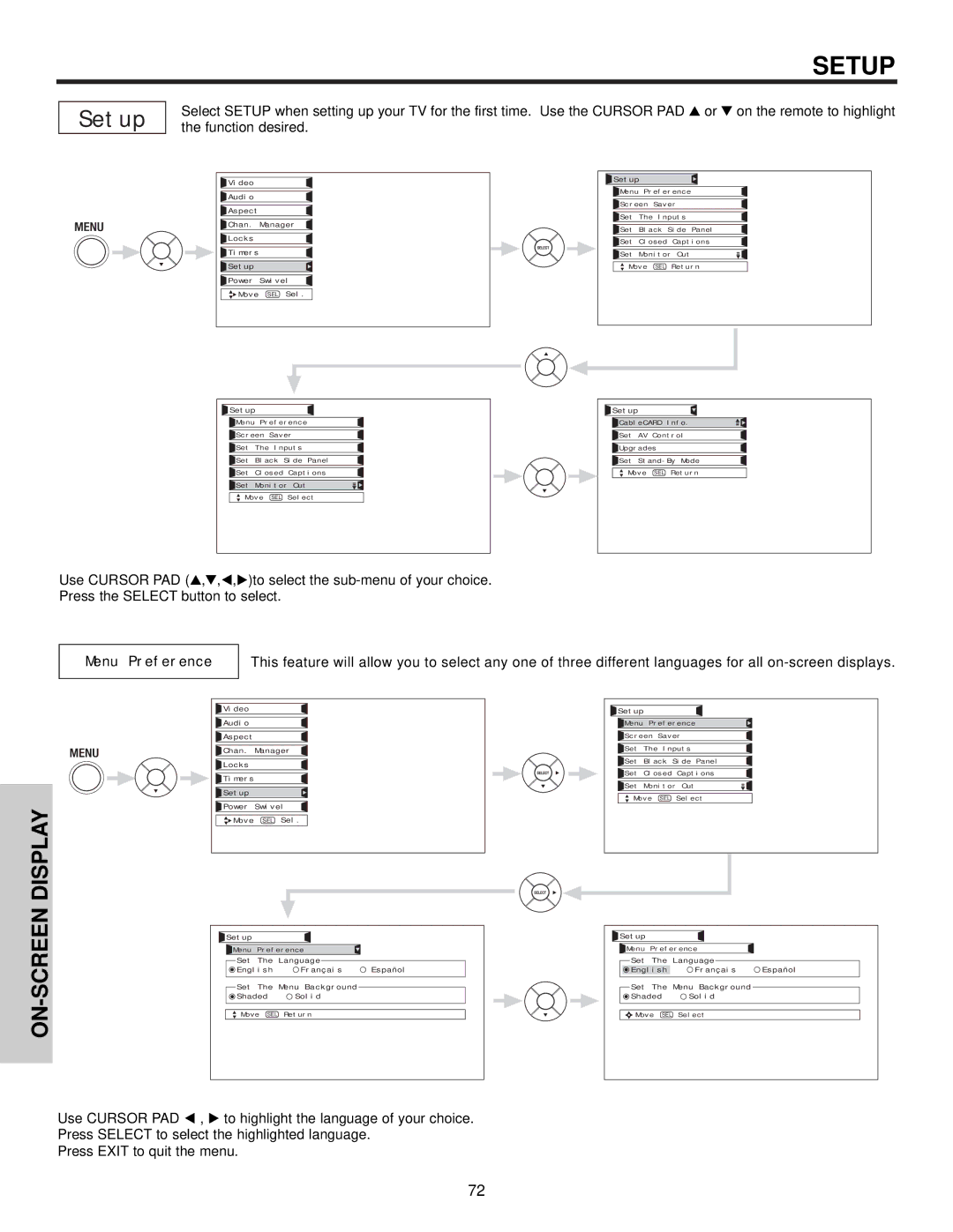 Hitachi 42HDX61 important safety instructions Setup, Menu Preference 