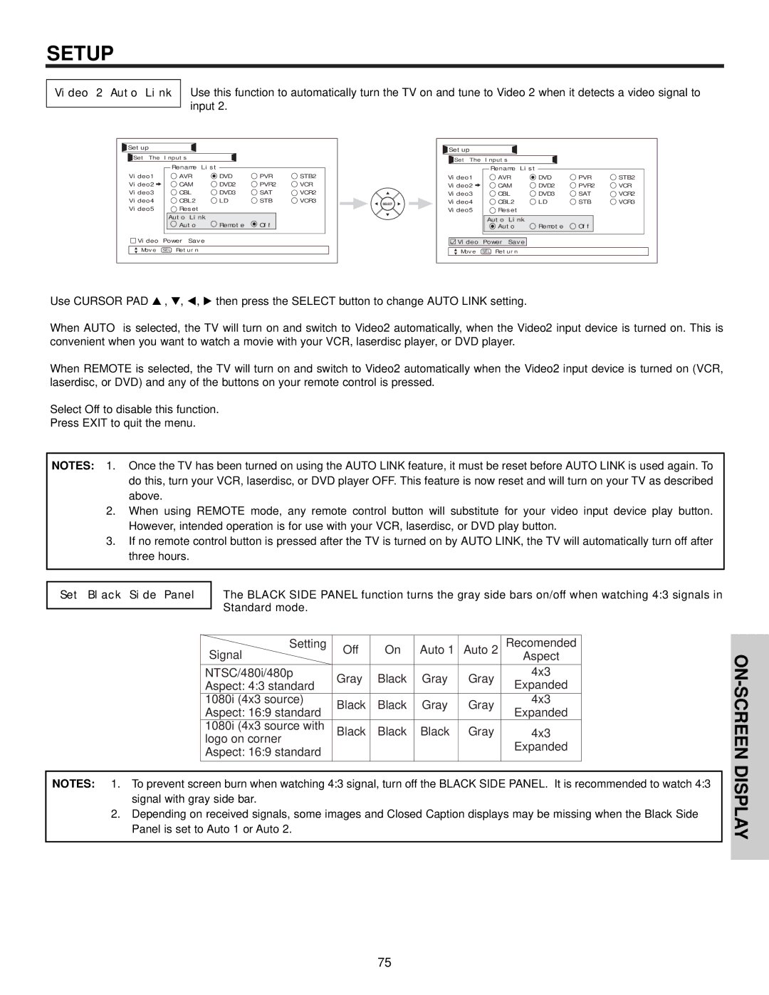 Hitachi 42HDX61 important safety instructions Video 2 Auto Link, Set Black Side Panel 