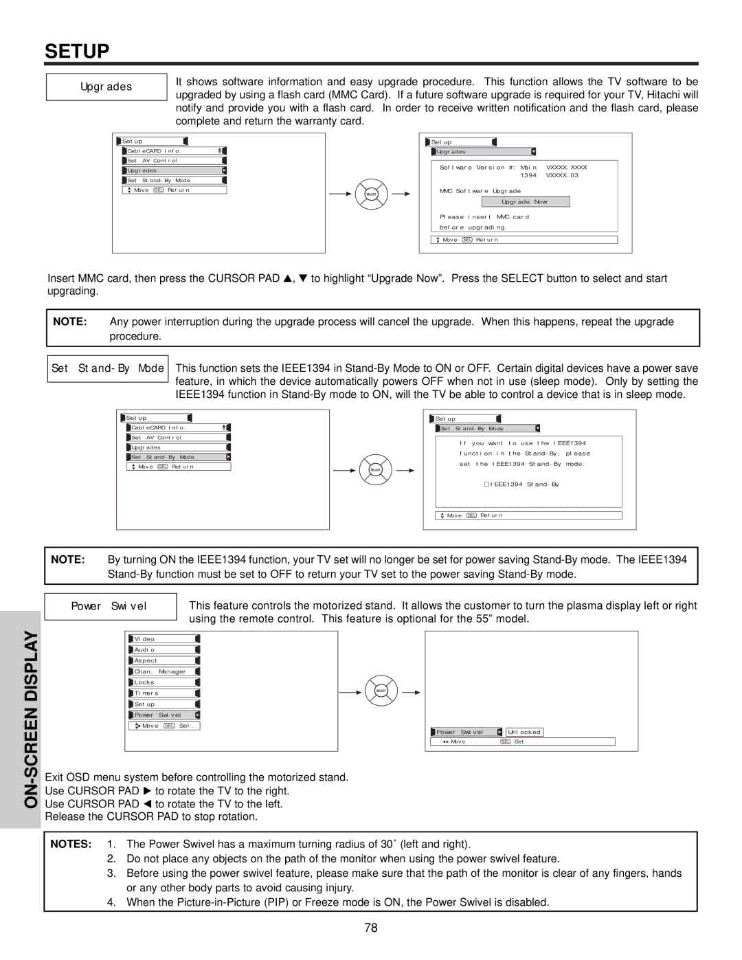 Hitachi 42HDX61 important safety instructions Upgrades, Set Stand-By Mode 