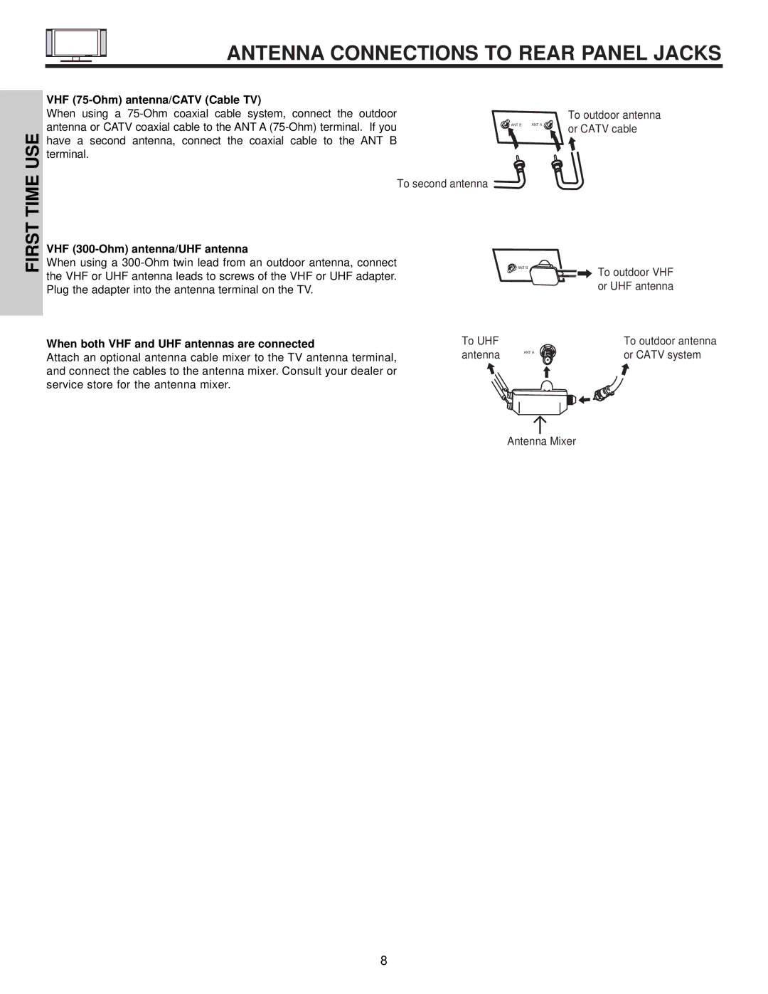 Hitachi 42HDX61 important safety instructions VHF 75-Ohm antenna/CATV Cable TV, VHF 300-Ohm antenna/UHF antenna 