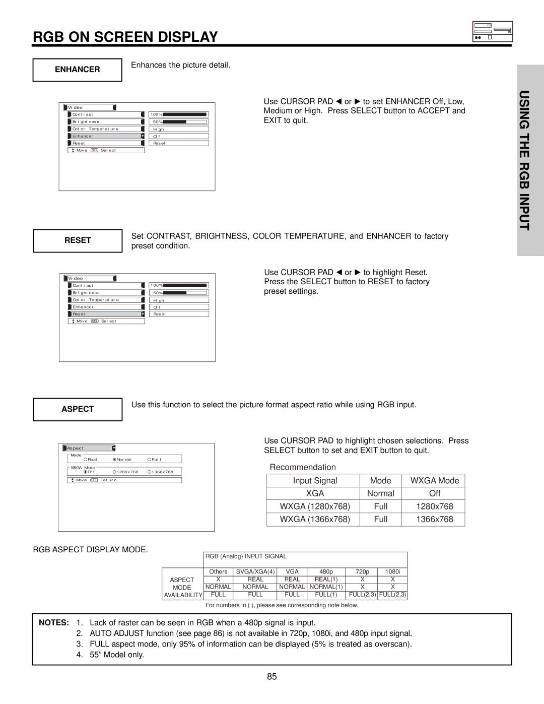 Hitachi 42HDX61 important safety instructions Enhancer, Reset, Aspect 