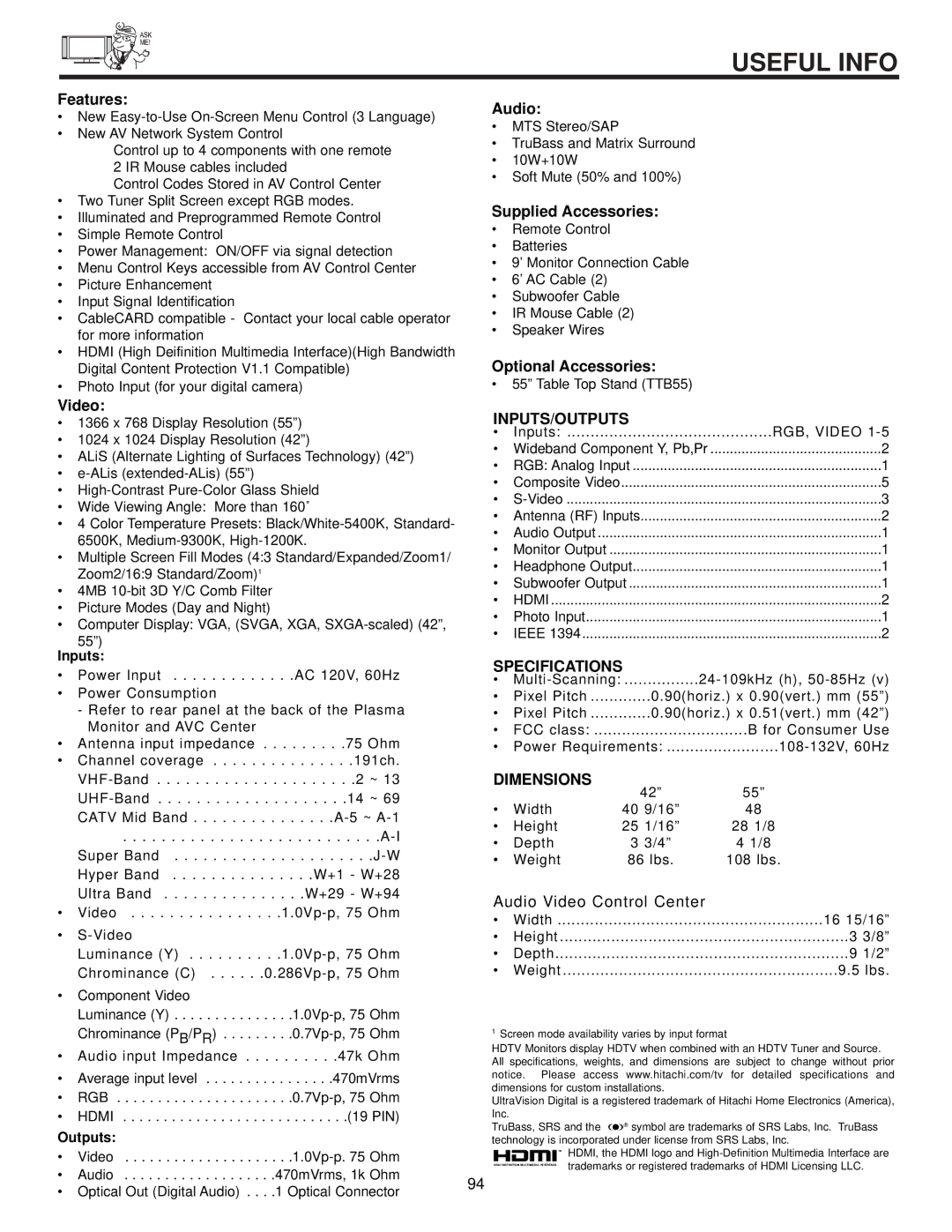 Hitachi 42HDX61 important safety instructions Inputs, Outputs 