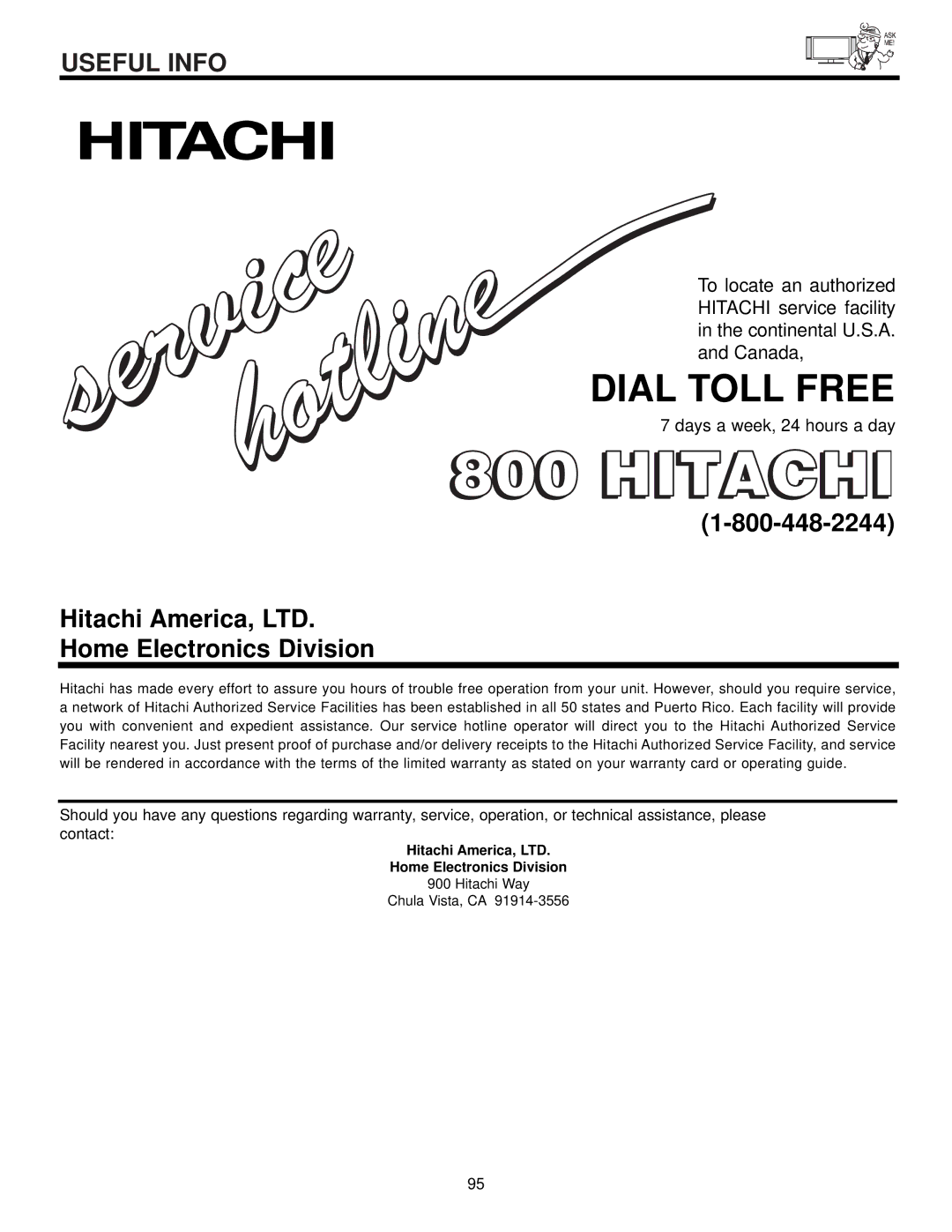 Hitachi 42HDX61 important safety instructions Dial Toll Free, Home Electronics Division 