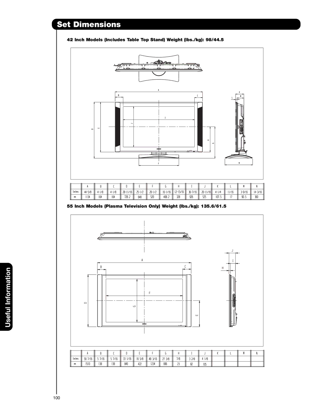 Hitachi 42HDX62A, 55HDX62 important safety instructions Set Dimensions 