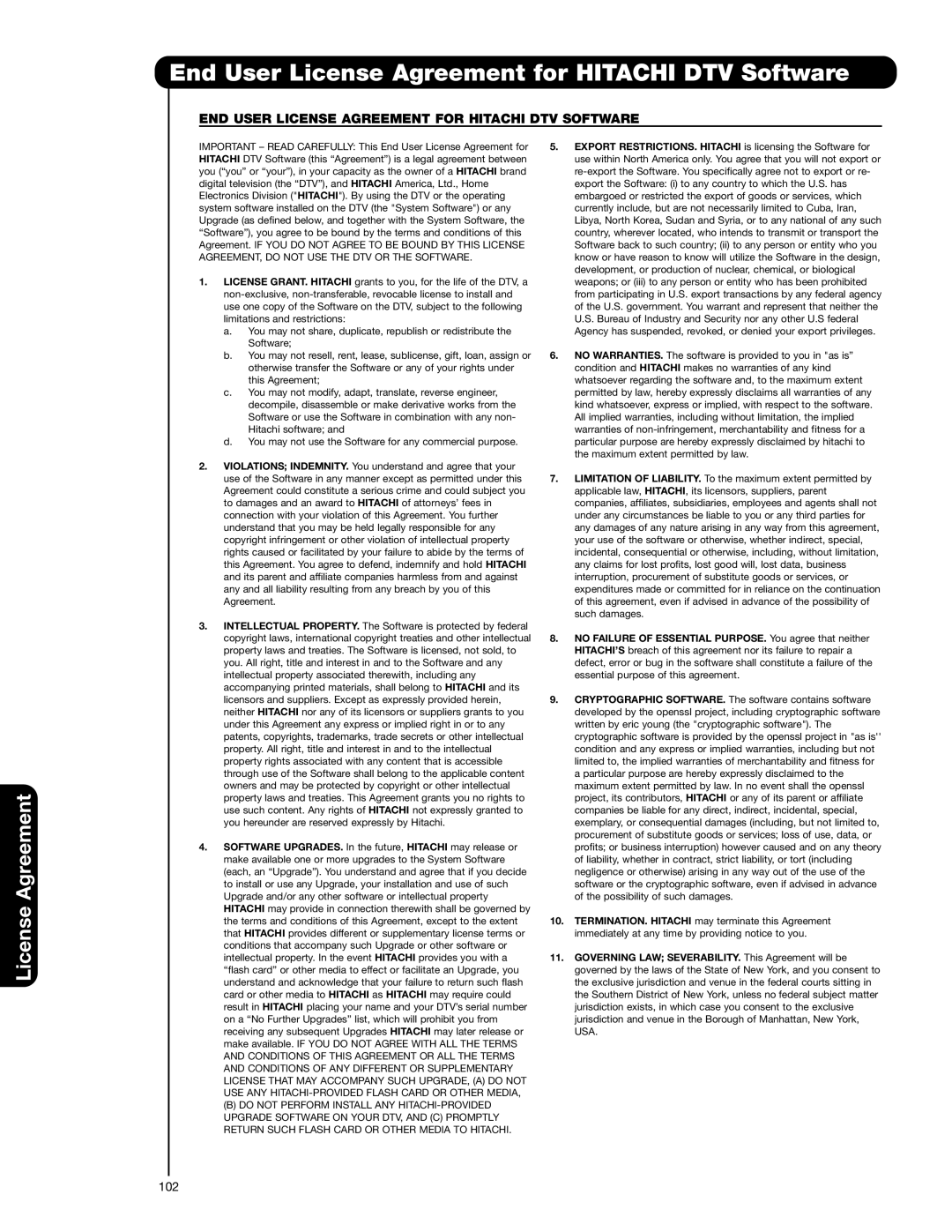 Hitachi 42HDX62 End User License Agreement for Hitachi DTV Software, END User License Agreement for Hitachi DTV Software 