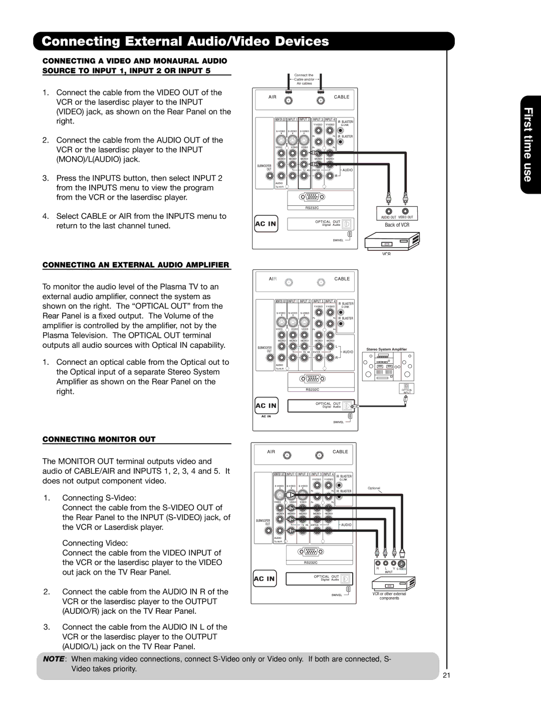 Hitachi 42HDX62 Connecting External Audio/Video Devices, Connecting AN External Audio Amplifier, Connecting Monitor OUT 