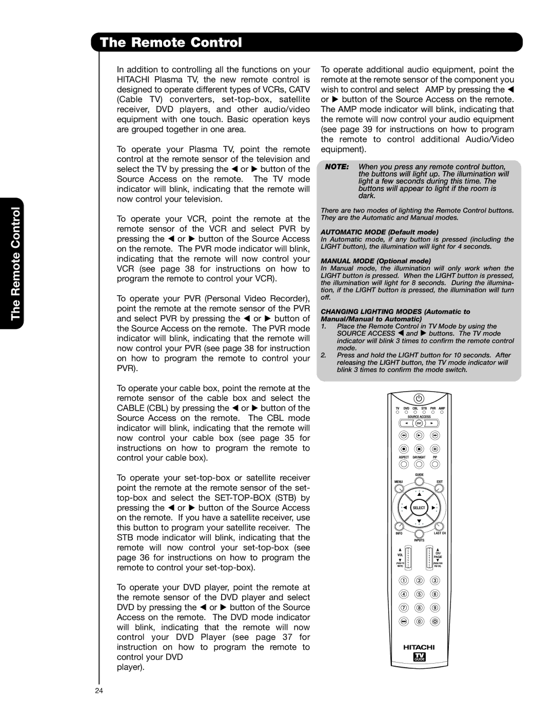 Hitachi 42HDX62A, 55HDX62 important safety instructions Remote Control, Automatic Mode Default mode 