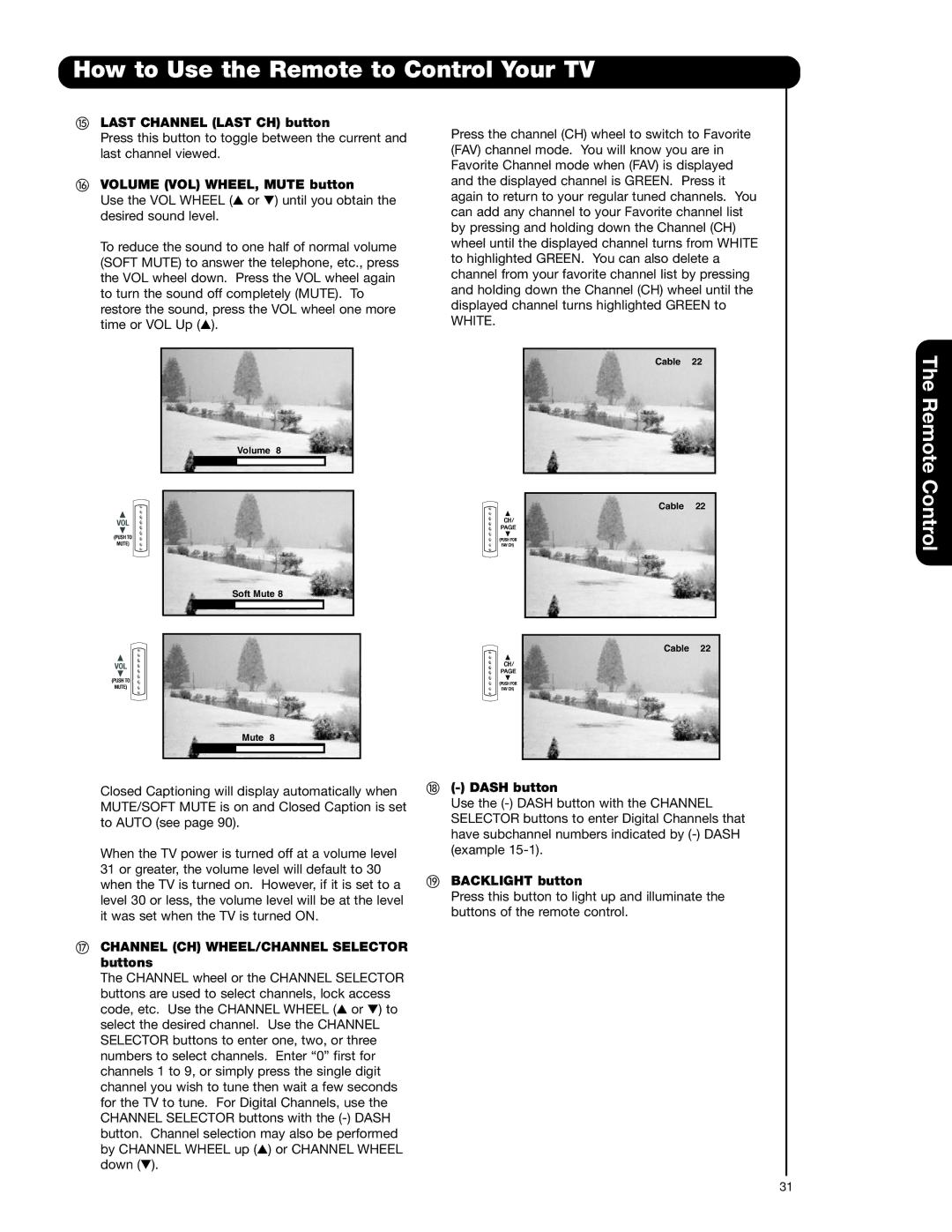 Hitachi 42HDX62A Last Channel Last CH button, Volume VOL WHEEL, Mute button, Channel CH WHEEL/CHANNEL Selector buttons 