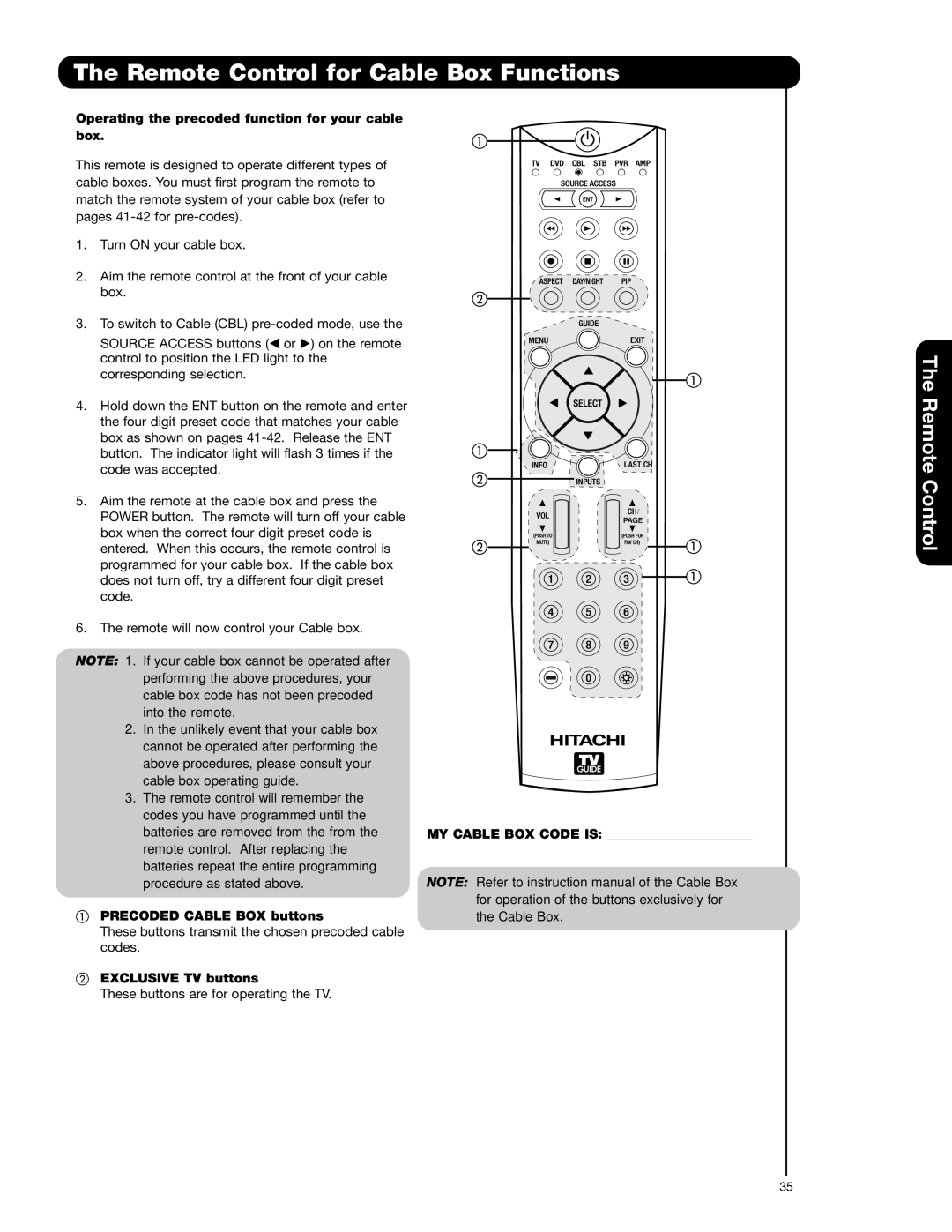 Hitachi 55HDX62, 42HDX62 Remote Control for Cable Box Functions, Operating the precoded function for your cable box 