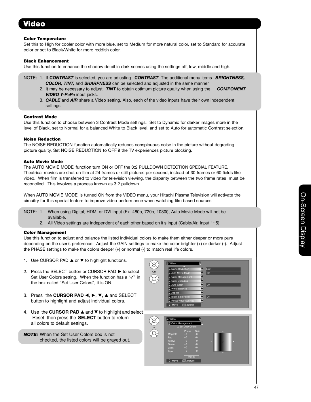 Hitachi 55HDX62, 42HDX62A important safety instructions Use the Cursor PAD 