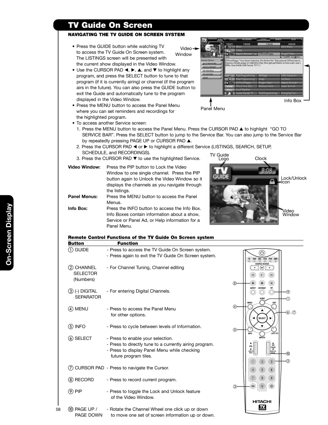 Hitachi 42HDX62A, 55HDX62 important safety instructions Navigating the TV Guide on Screen System 