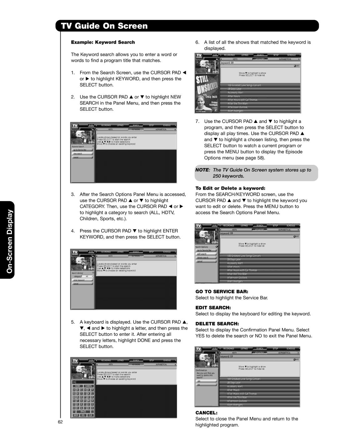 Hitachi 55HDX62, 42HDX62A Example Keyword Search, To Edit or Delete a keyword, Edit Search, Delete Search 