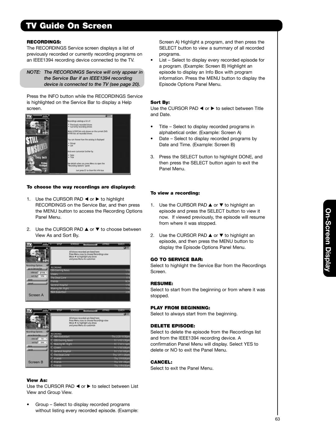 Hitachi 42HDX62A, 55HDX62 important safety instructions Recordings, Resume, Play from Beginning, Delete Episode 