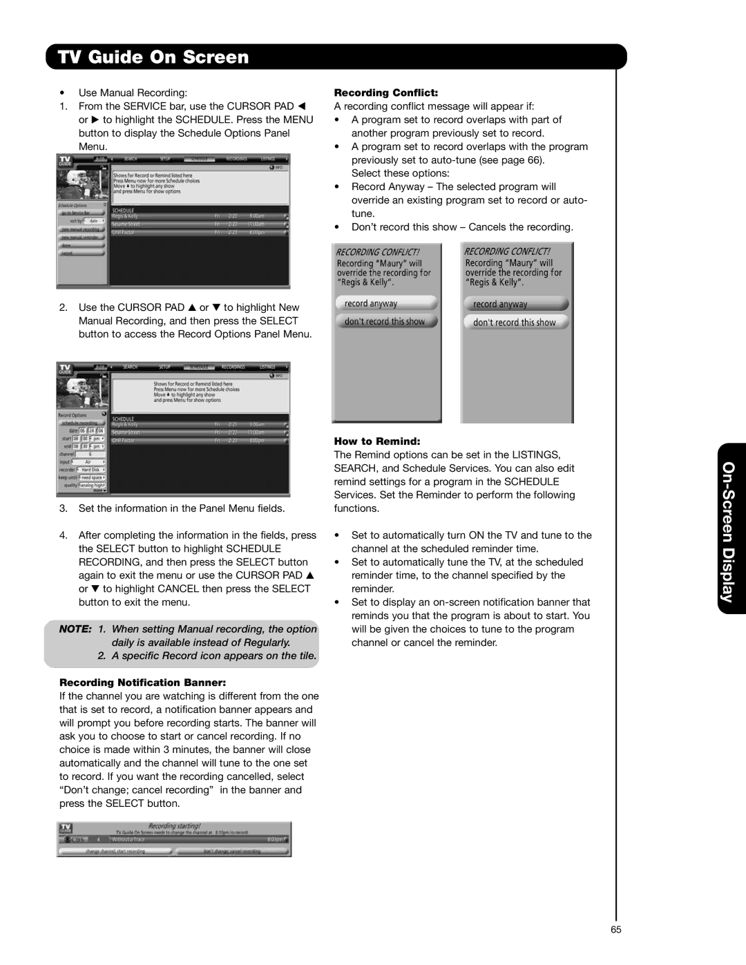 Hitachi 55HDX62, 42HDX62A important safety instructions Recording Conflict, Recording Notification Banner, How to Remind 