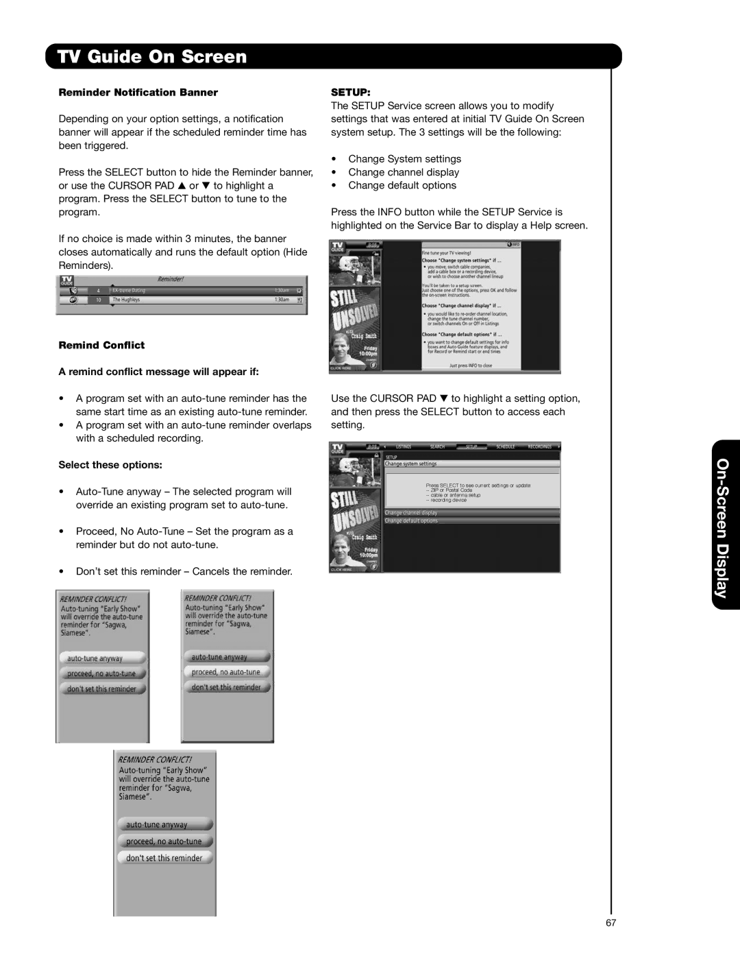 Hitachi 42HDX62A, 55HDX62 Reminder Notification Banner, Remind Conflict Remind conflict message will appear if, Setup 