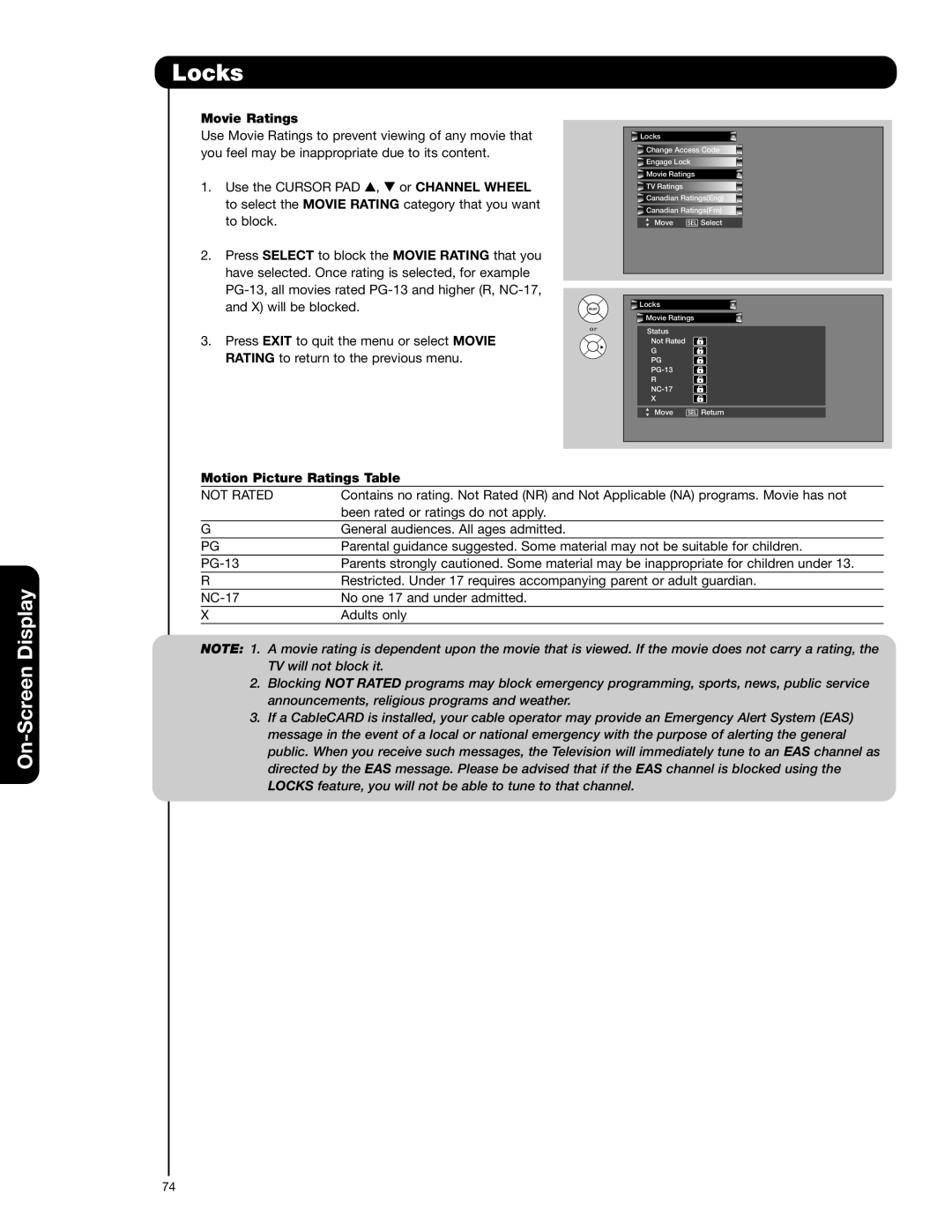 Hitachi 55HDX62, 42HDX62A important safety instructions Movie Ratings, Motion Picture Ratings Table 