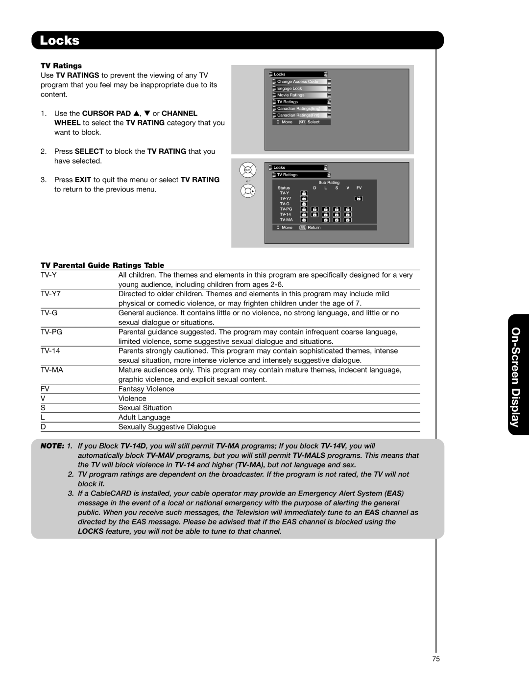 Hitachi 42HDX62A, 55HDX62 TV Ratings, Use the Cursor PAD , or Channel, TV Parental Guide Ratings Table 