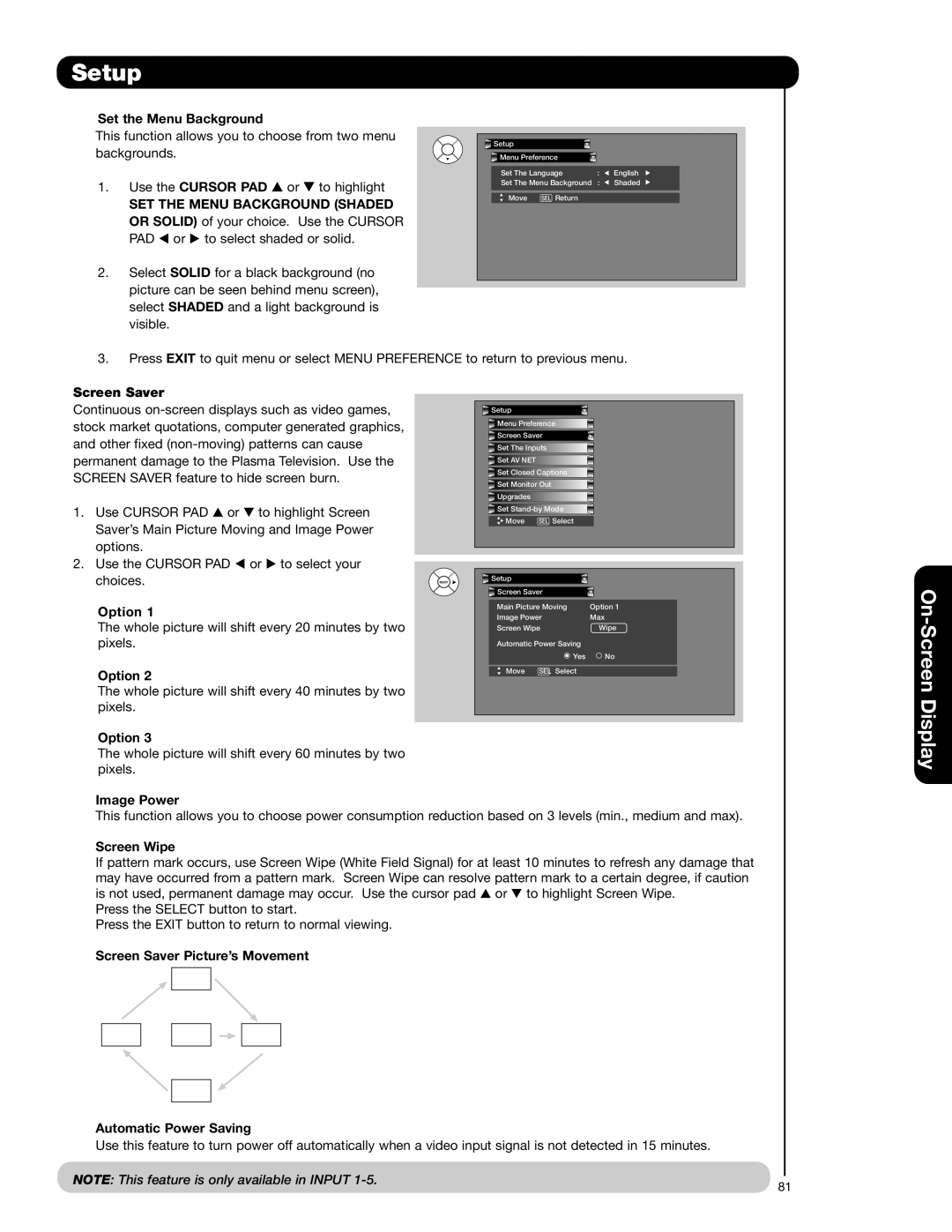 Hitachi 42HDX62A, 55HDX62 Set the Menu Background, Screen Saver, Option, Image Power, Screen Wipe 