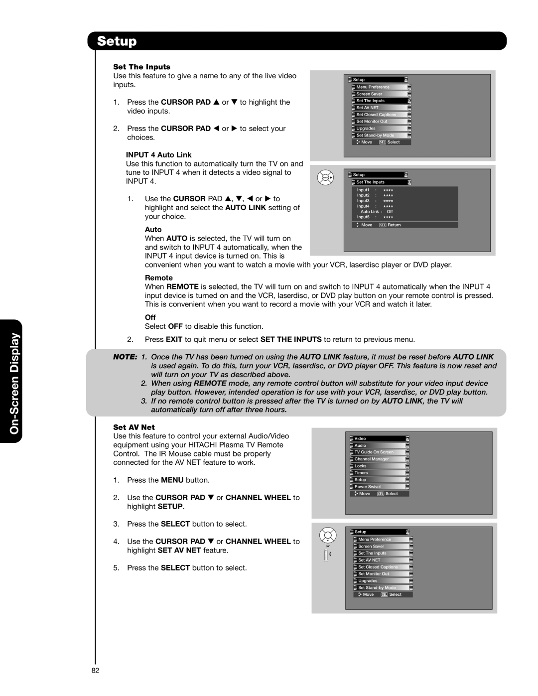 Hitachi 42HDX62A, 55HDX62 important safety instructions Auto, Remote, Off, Set AV Net 