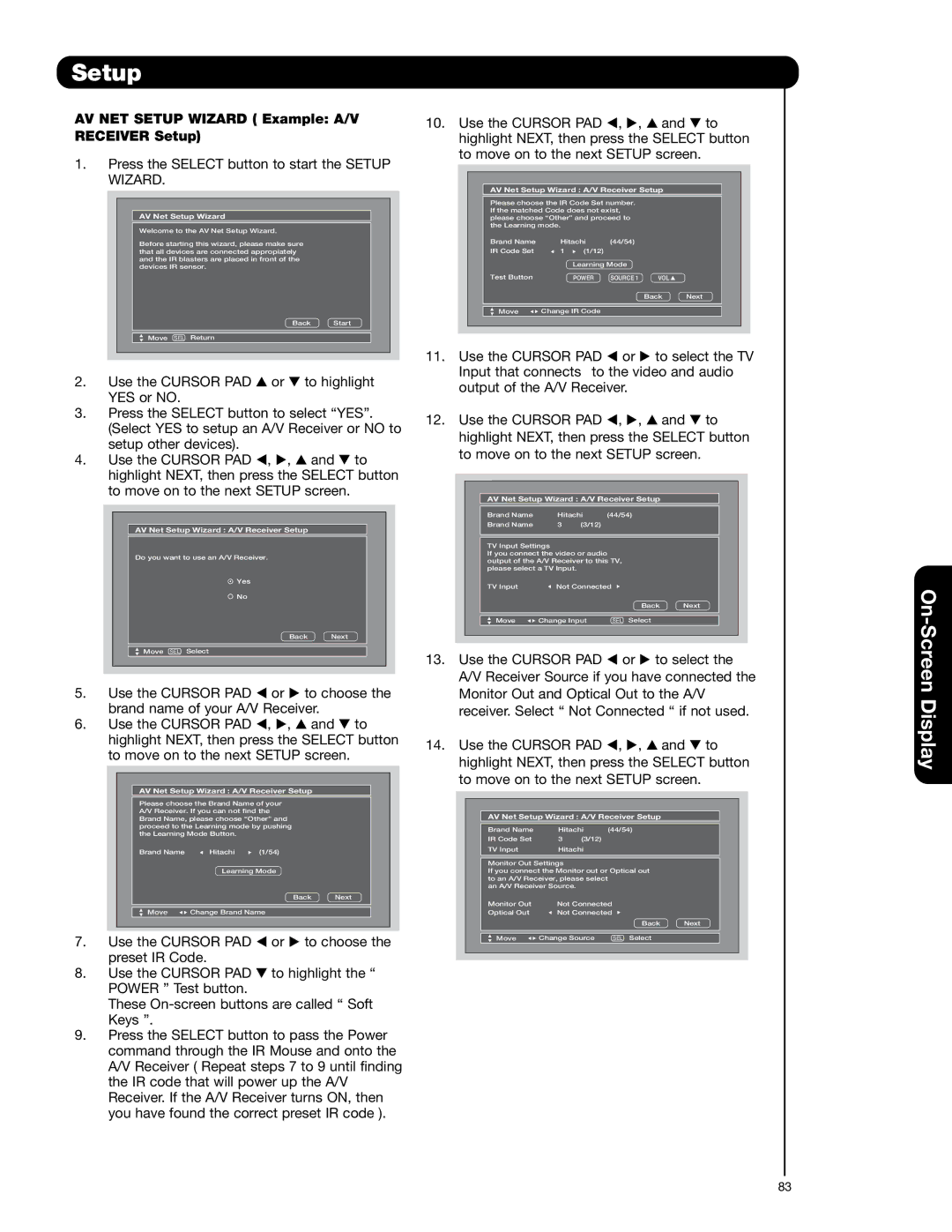 Hitachi 55HDX62, 42HDX62 AV NET Setup Wizard Example A/V Receiver Setup, Press the Select button to start the Setup Wizard 