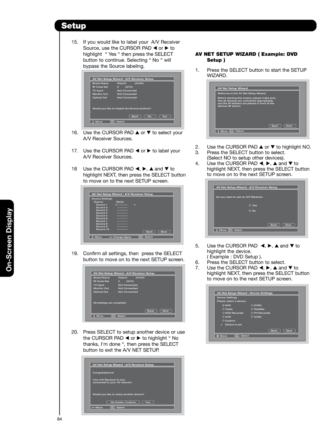 Hitachi 42HDX62A, 55HDX62 AV NET Setup Wizard Example DVD Setup, AV Net Setup Wizard Device Settings 