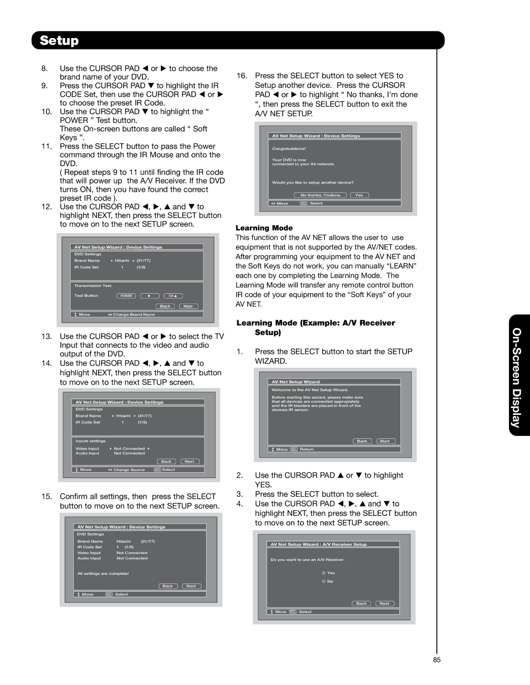 Hitachi 42HDX62A, 55HDX62 important safety instructions Learning Mode Example A/V Receiver Setup 