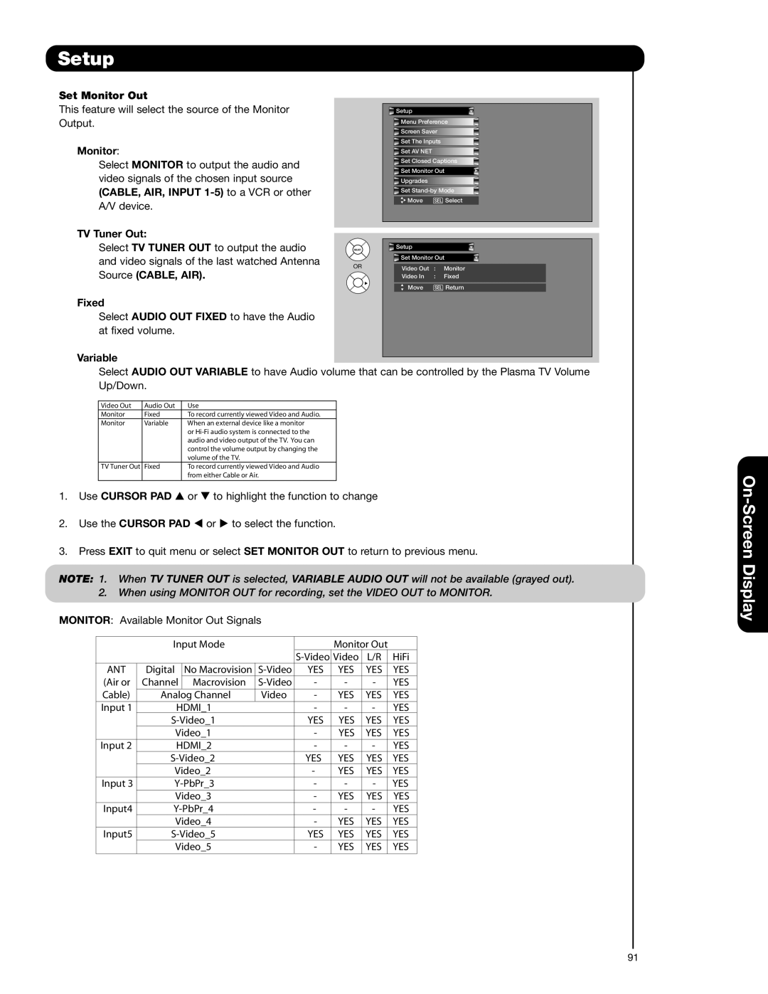 Hitachi 42HDX62A, 55HDX62 important safety instructions Set Monitor Out, TV Tuner Out, Fixed, Variable, Use Cursor PAD 