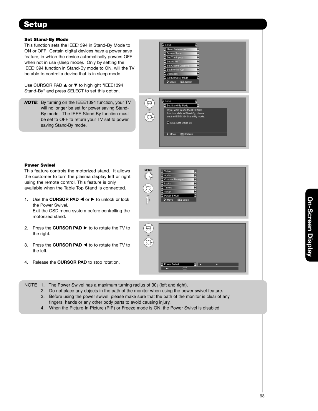 Hitachi 42HDX62A, 55HDX62 important safety instructions Set Stand-By Mode, Power Swivel 