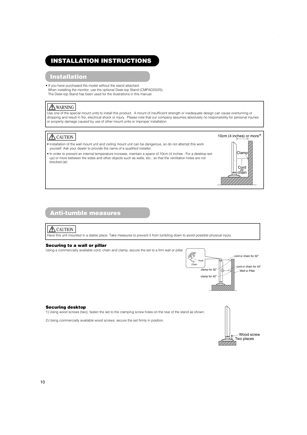 Hitachi 42PD5000, 42PMA500 Installation Instructions, Anti-tumble measures, Securing to a wall or pillar, Securing desktop 