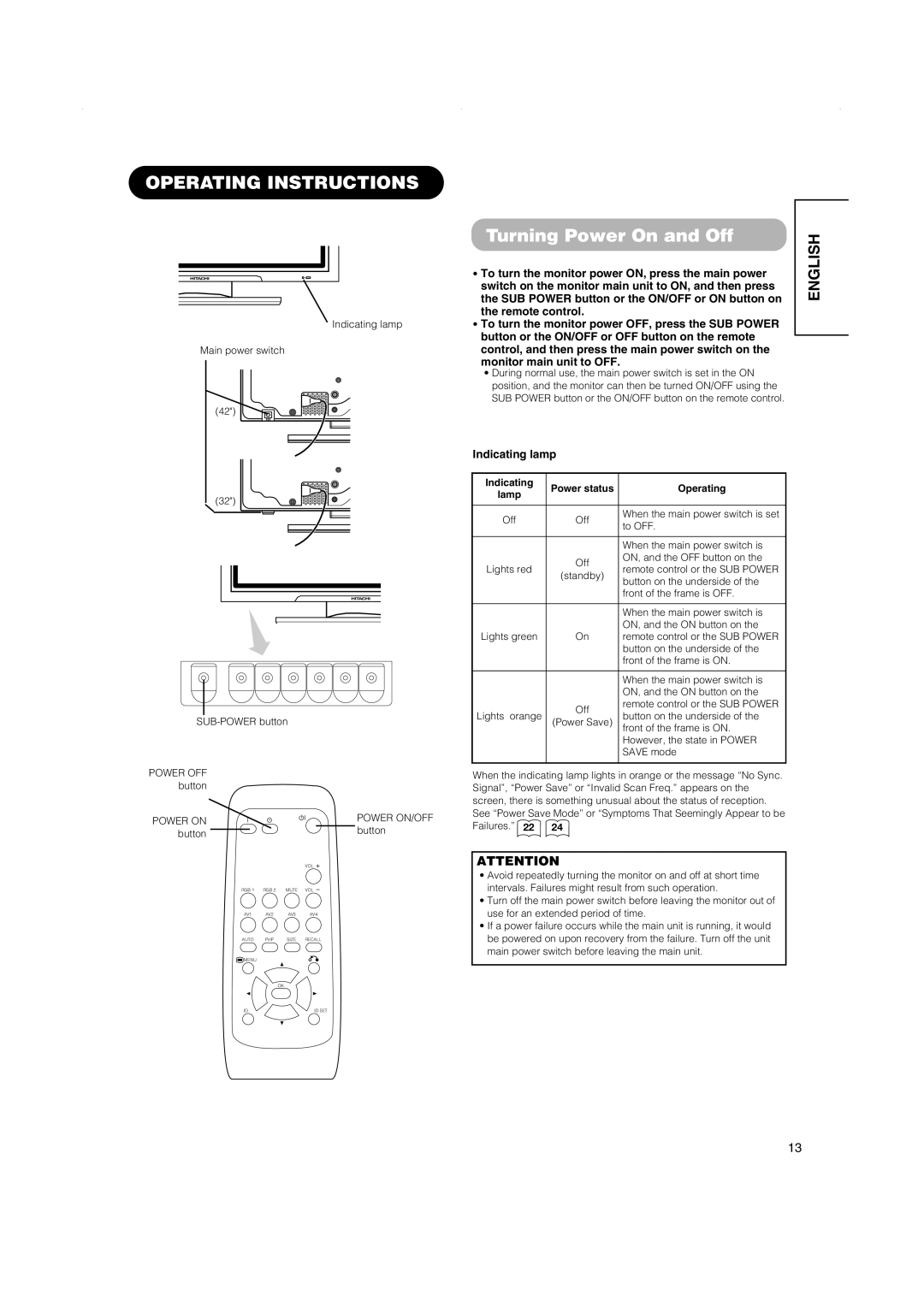 Hitachi 42PD5000, 42PMA500, 32PD5000 user manual Operating Instructions, Turning Power On and Off 