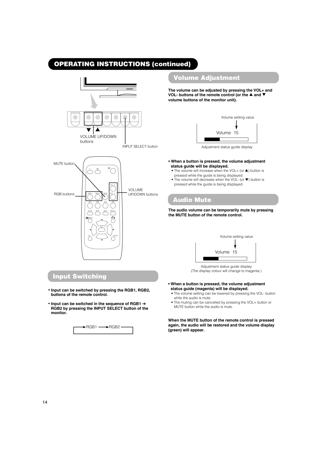 Hitachi 42PMA500 Operating Instructions Volume Adjustment, Audio Mute, Input Switching, Status guide will be displayed 