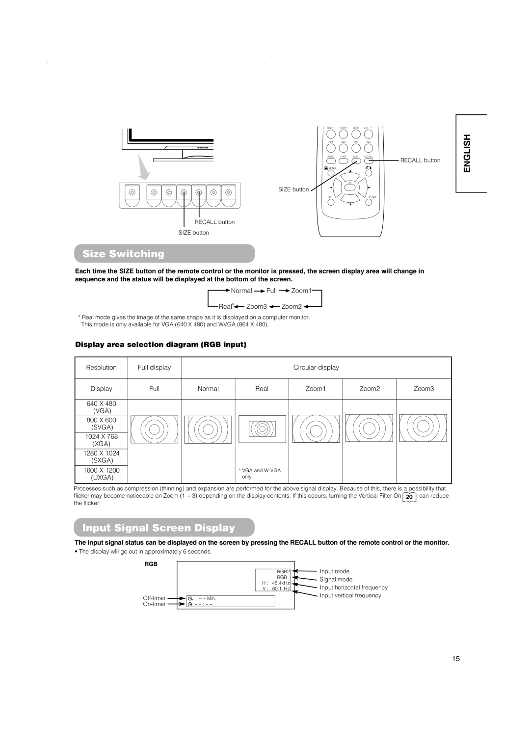 Hitachi 32PD5000, 42PD5000, 42PMA500 Size Switching, Input Signal Screen Display, Display area selection diagram RGB input 