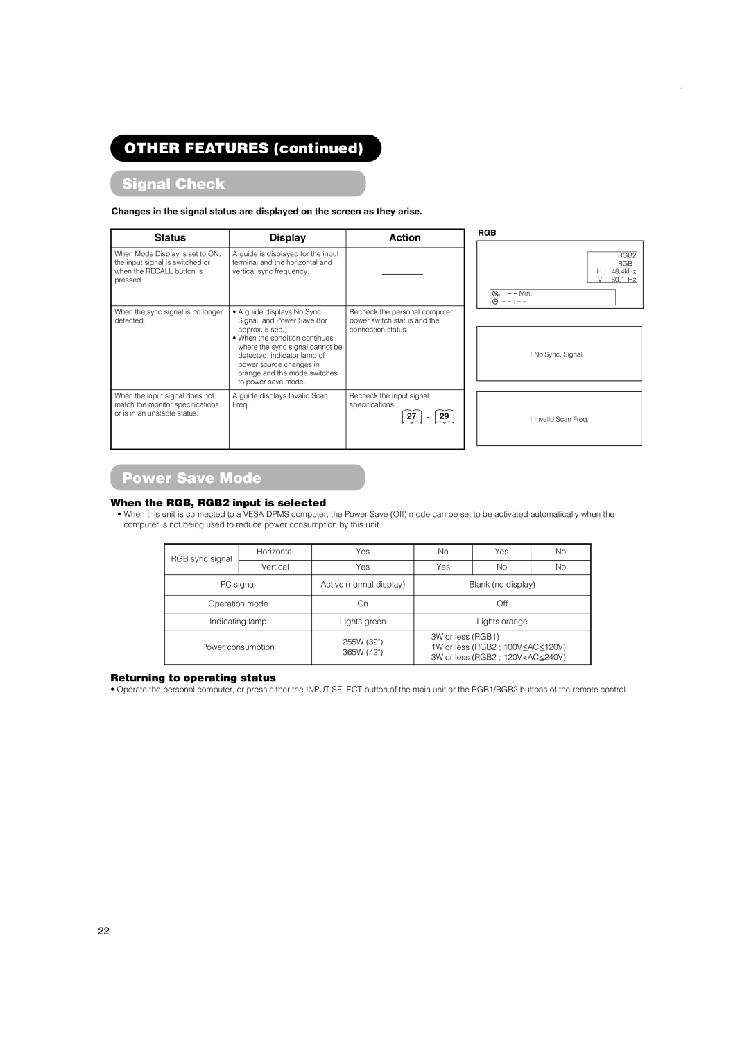 Hitachi 42PD5000 Other Features Signal Check, Power Save Mode, Status Display Action, When the RGB, RGB2 input is selected 