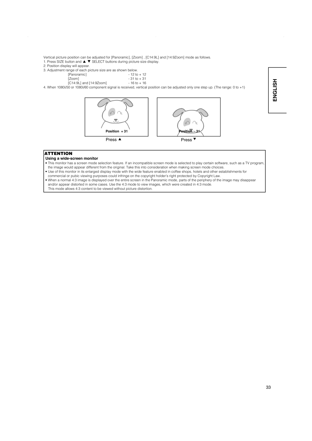 Hitachi 32PD5000, 42PD5000, 42PMA500 user manual Using a wide-screen monitor, Position + 