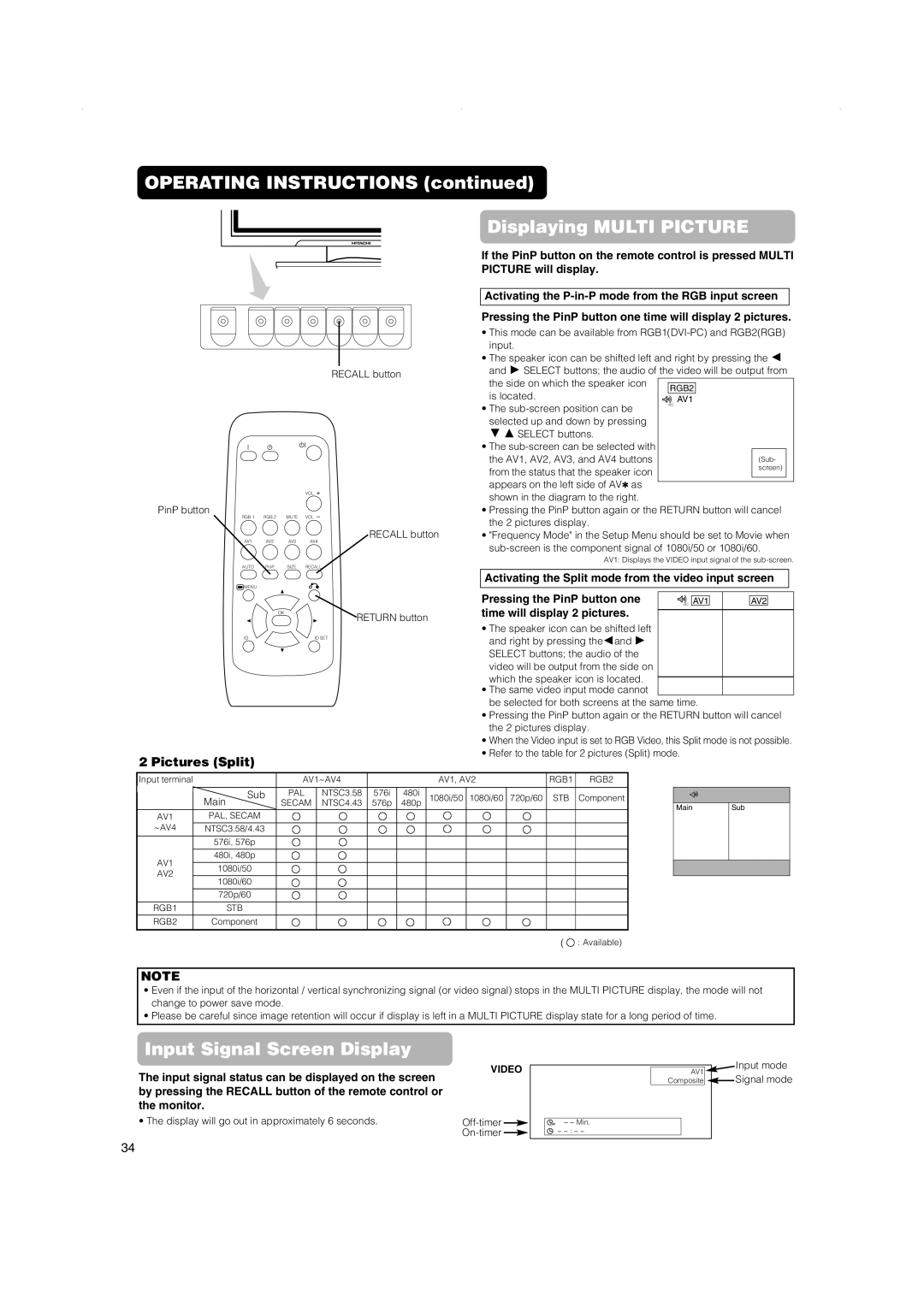 Hitachi 42PD5000, 42PMA500 Operating Instructions Displaying Multi Picture, Pictures Split, Time will display 2 pictures 