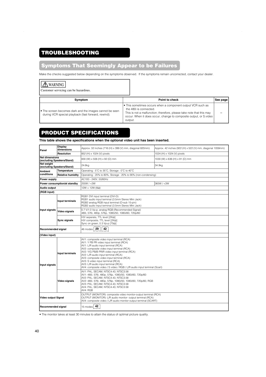 Hitachi 42PD5000, 42PMA500, 32PD5000 user manual Video input 