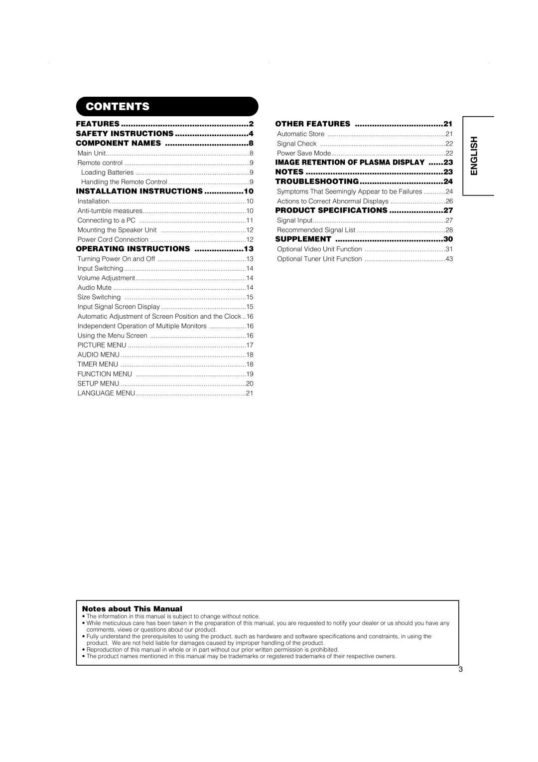 Hitachi 32PD5000, 42PD5000, 42PMA500 user manual Contents 