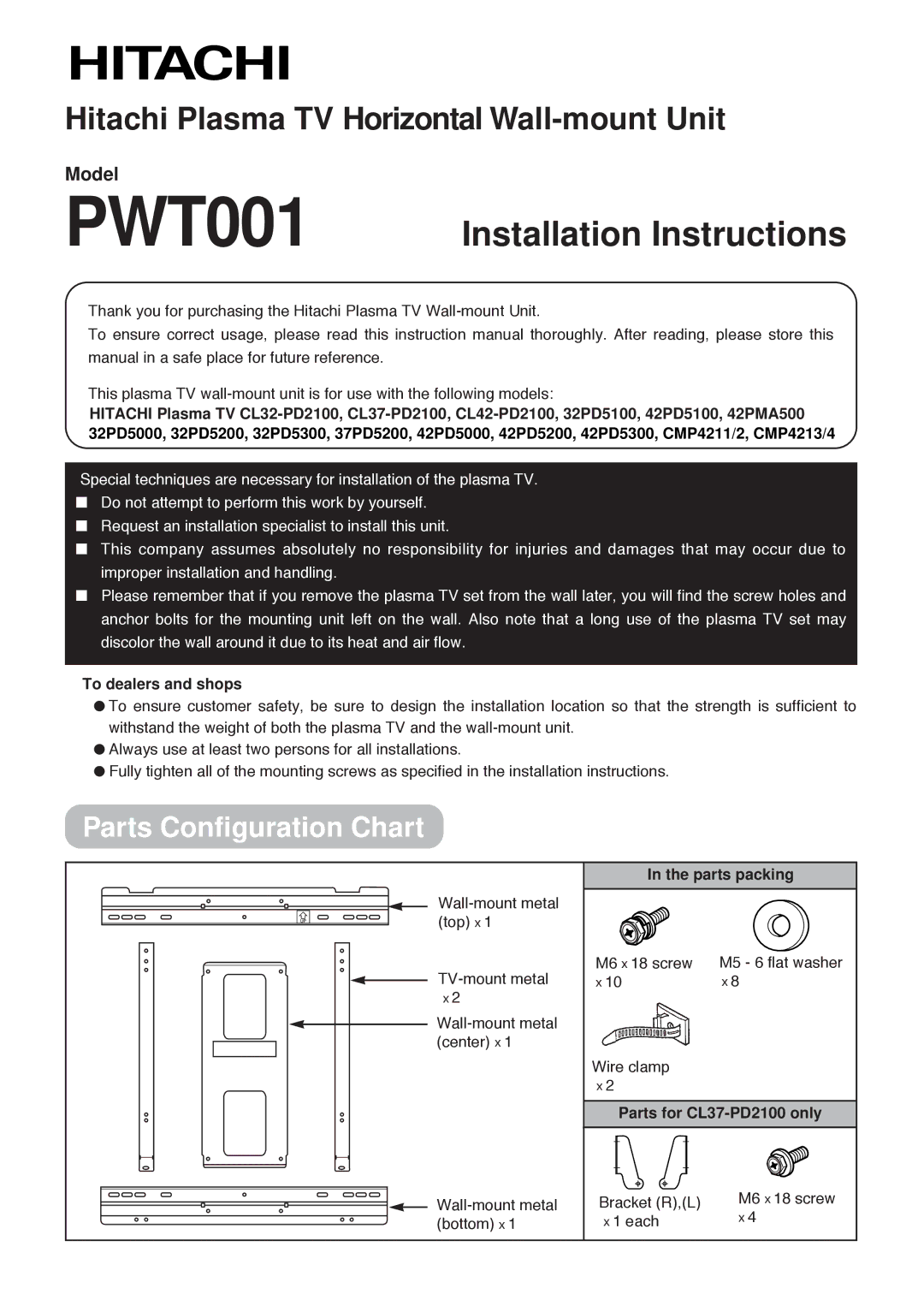 Hitachi 32PD5000, 42PD5000, 42PMA500 user manual To dealers and shops, Parts packing, Parts for CL37-PD2100 only 