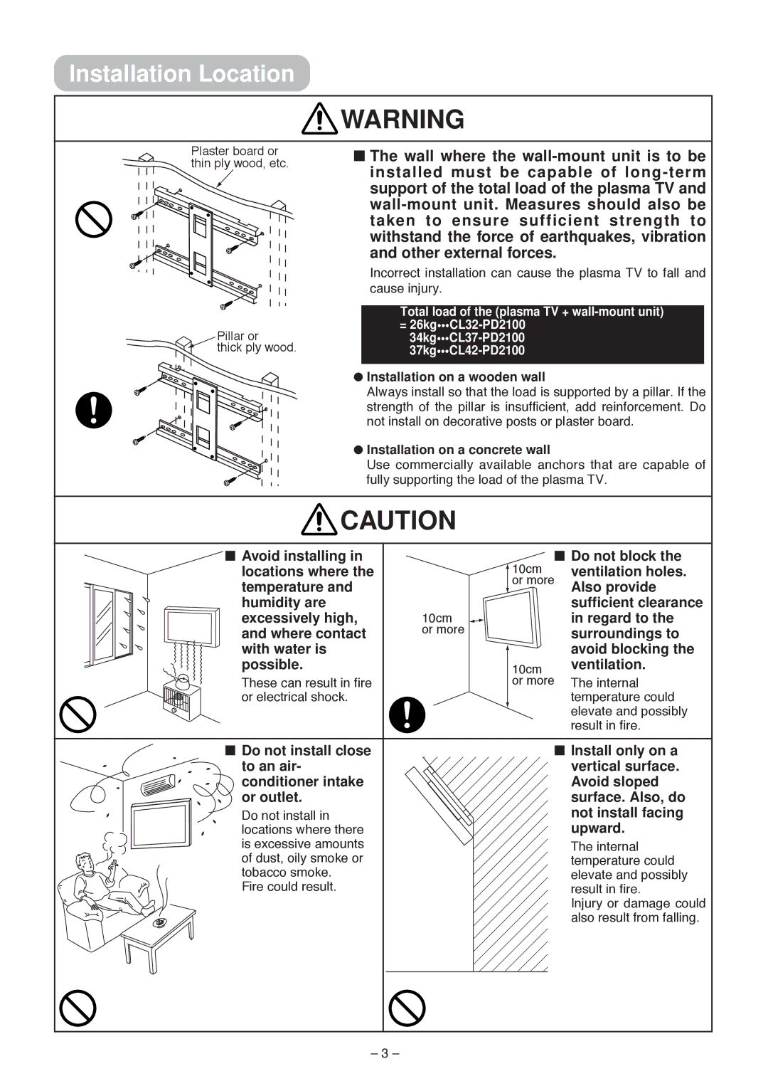 Hitachi 42PMA500, 42PD5000 Installation on a wooden wall, Installation on a concrete wall, 10cm, Or more, Do not install 