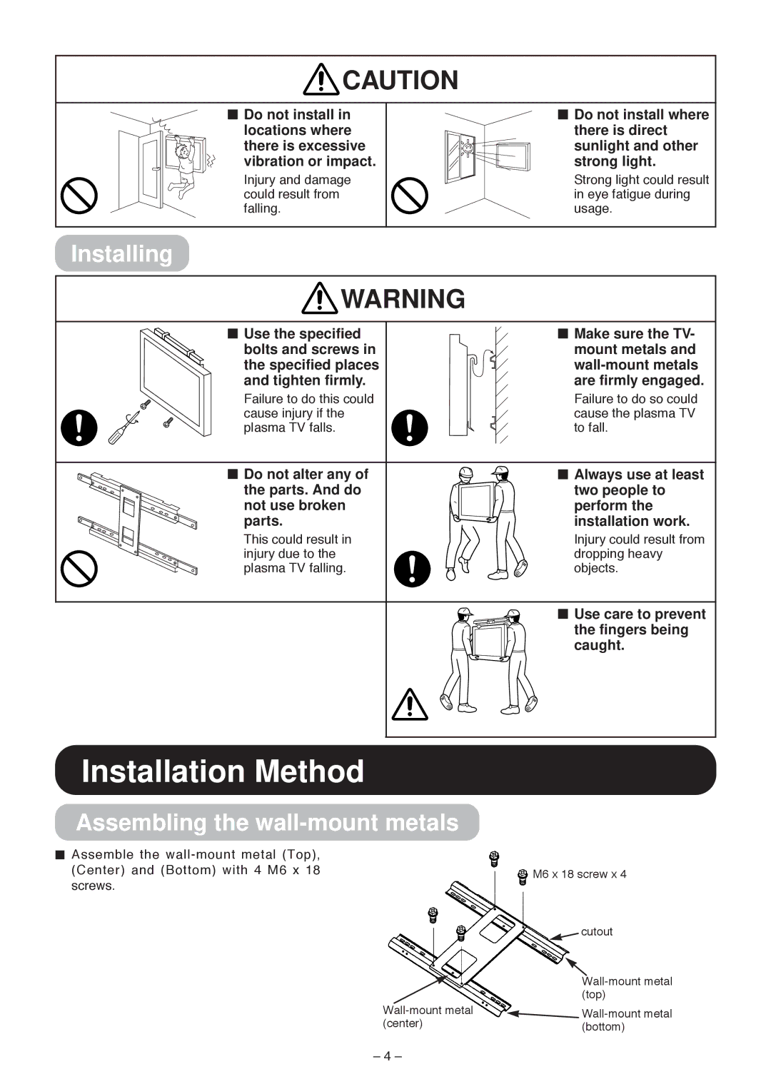 Hitachi 32PD5000, 42PD5000, 42PMA500 user manual M6 x 18 screw x Cutout Wall-mount metal top, Center, Bottom 