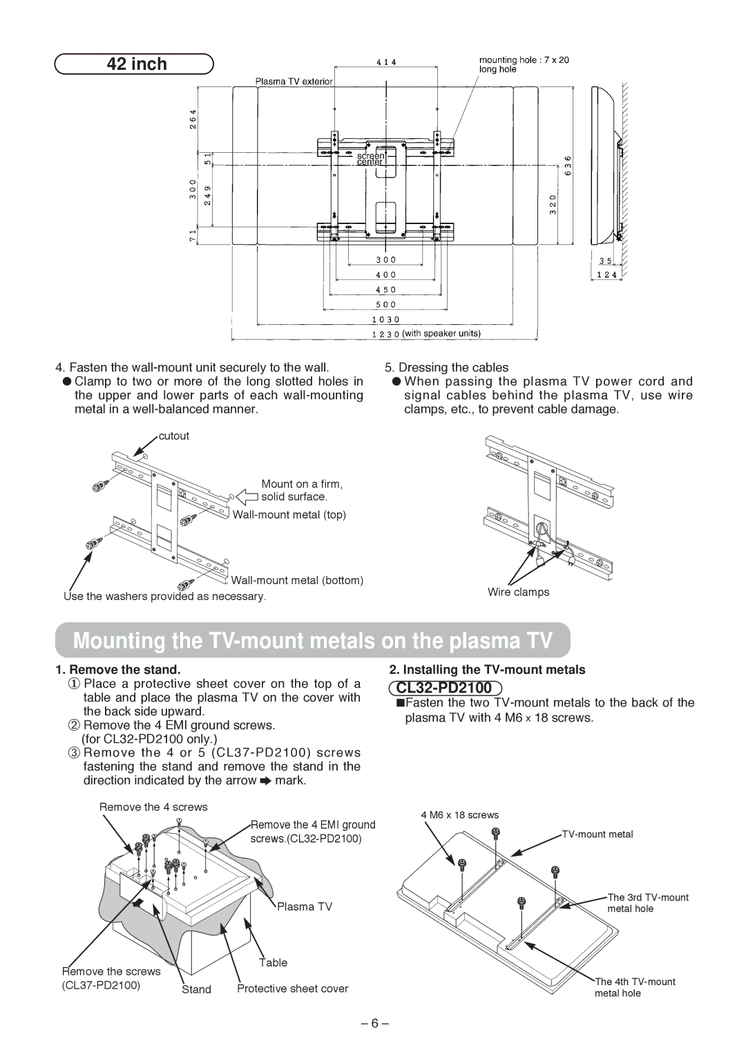 Hitachi 42PMA500, 42PD5000 Remove the stand, Installing the TV-mount metals, Wire clamps, Plasma TV Protective sheet cover 