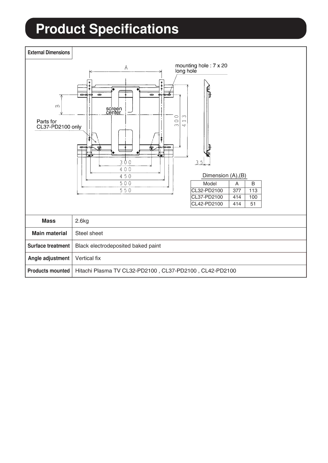 Hitachi 42PD5000, 42PMA500, 32PD5000 user manual External Dimensions, Mass, Main material, Angle adjustment 