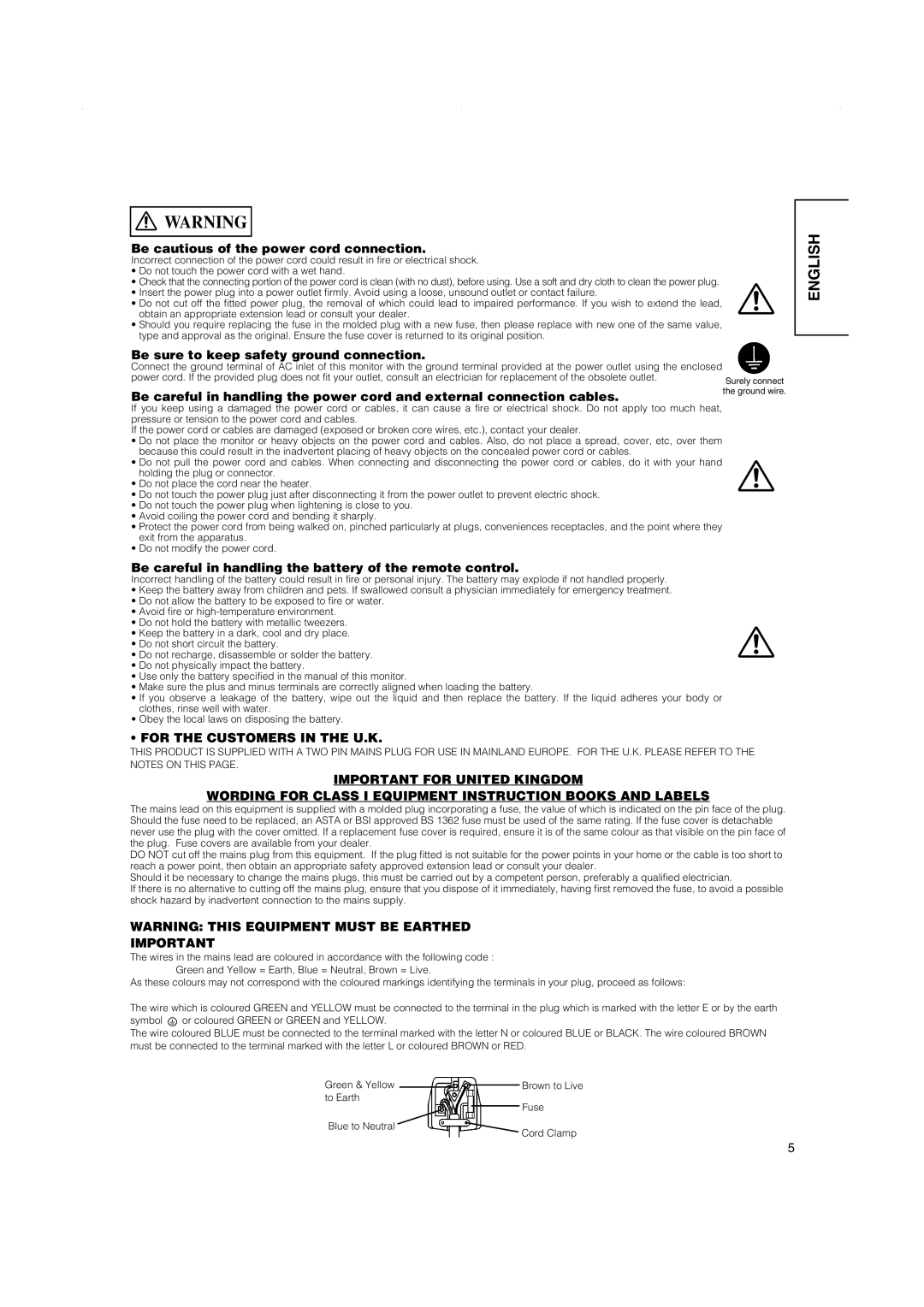 Hitachi 42PMA500, 42PD5000, 32PD5000 Be cautious of the power cord connection, Be sure to keep safety ground connection 