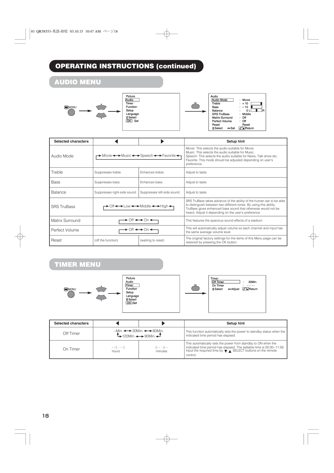 Hitachi 42PD5000 user manual OPERATING INSTRUCTIONS continued AUDIO MENU, Timer Menu, Perfect Volume Reset 