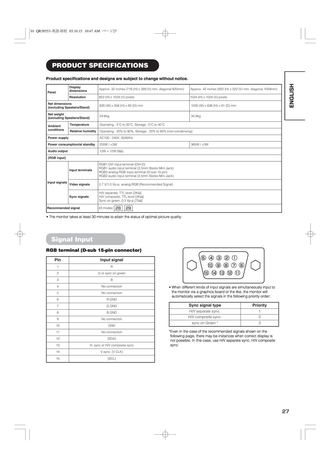 Hitachi 42PD5000 user manual Product Specifications, Signal Input, English, RGB terminal D-sub 15-pin connector 