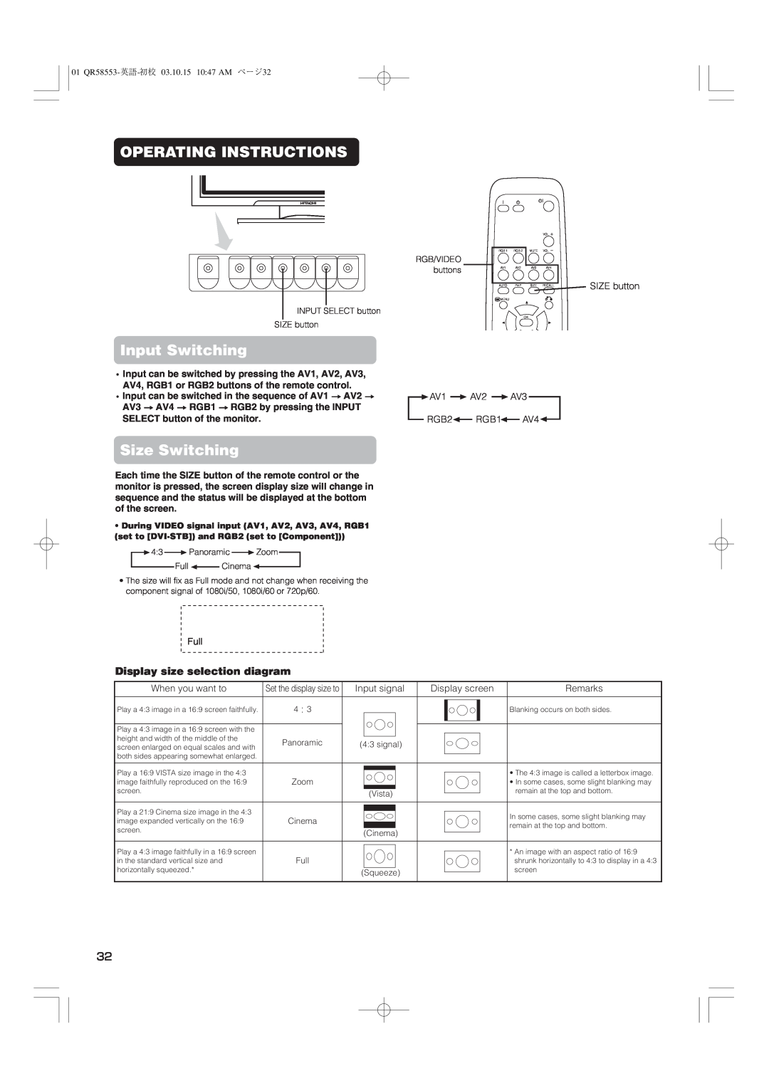 Hitachi 42PD5000 user manual Operating Instructions, Input Switching, Size Switching, Display size selection diagram 