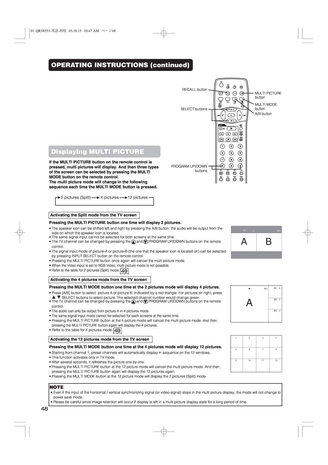 Hitachi 42PD5000 user manual Displaying MULTI PICTURE, OPERATING INSTRUCTIONS continued 