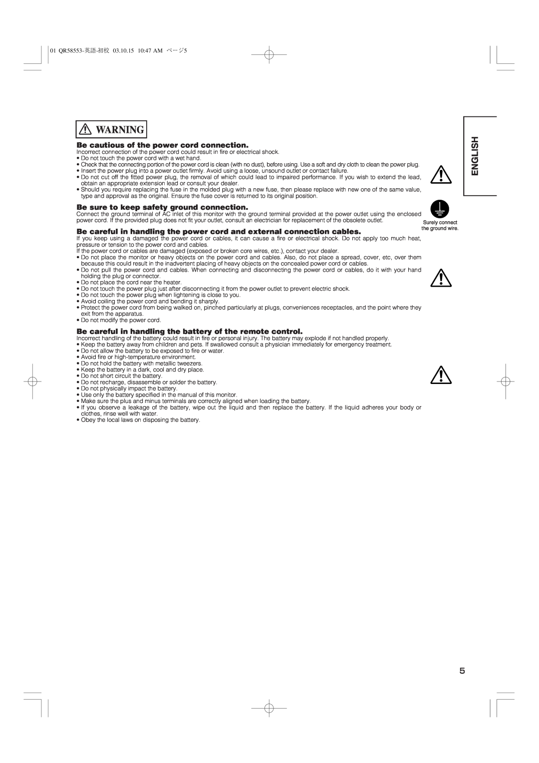 Hitachi 42PD5000 user manual English, Be cautious of the power cord connection, Be sure to keep safety ground connection 