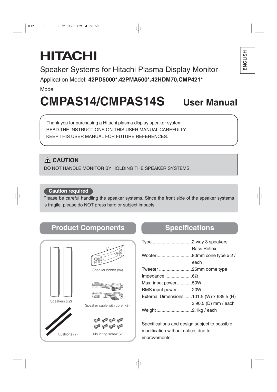 Hitachi 42PD5000 CMPAS14/CMPAS14S User Manual, Speaker Systems for Hitachi Plasma Display Monitor, Product Components 