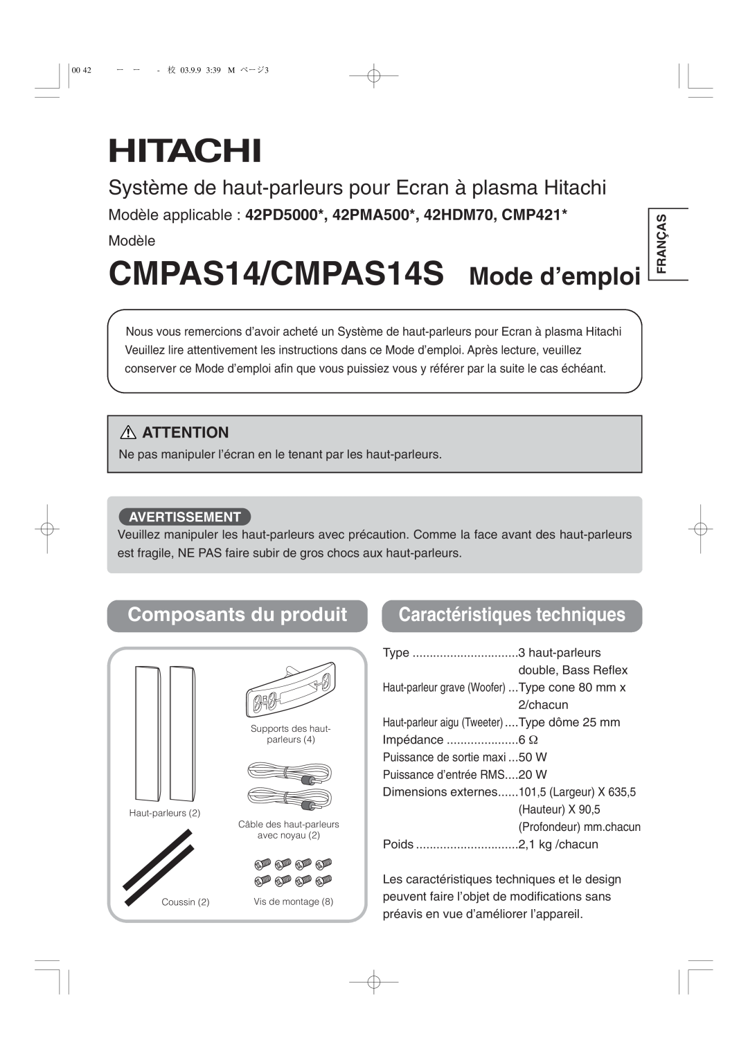 Hitachi 42PD5000 CMPAS14/CMPAS14S Mode d’emploi, Système de haut-parleurs pour Ecran à plasma Hitachi, Modèle, Franças 